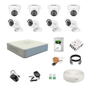 HIKVISION 8 Channel DVR with 2MP 4 Dome & 4 Bullet Cameras (Day/Night Vision) + 1TB HDD + Cable Roll (1+3) 8 CH Power Supply + BNC & DC Full Combo Kit